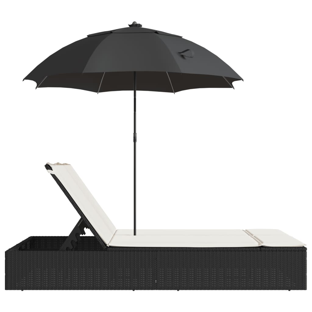 Ligbed 2-persoons met kussens en parasol poly rattan zwart is nu te koop bij PeponiXL, paradijselijk wonen!