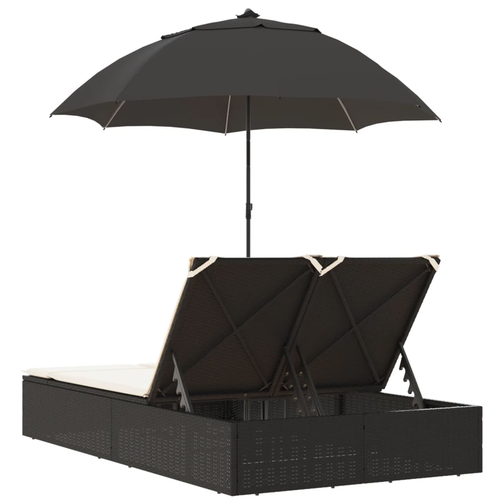 Ligbed 2-persoons met kussens en parasol poly rattan zwart is nu te koop bij PeponiXL, paradijselijk wonen!