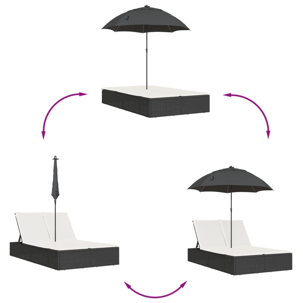 Ligbed 2-persoons met kussens en parasol poly rattan zwart is nu te koop bij PeponiXL, paradijselijk wonen!