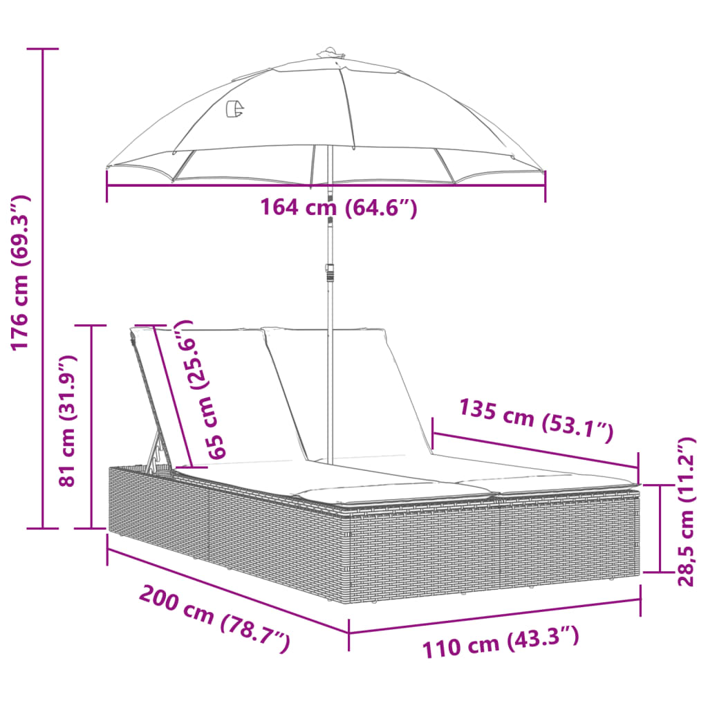 Ligbed 2-persoons met kussens en parasol poly rattan zwart is nu te koop bij PeponiXL, paradijselijk wonen!