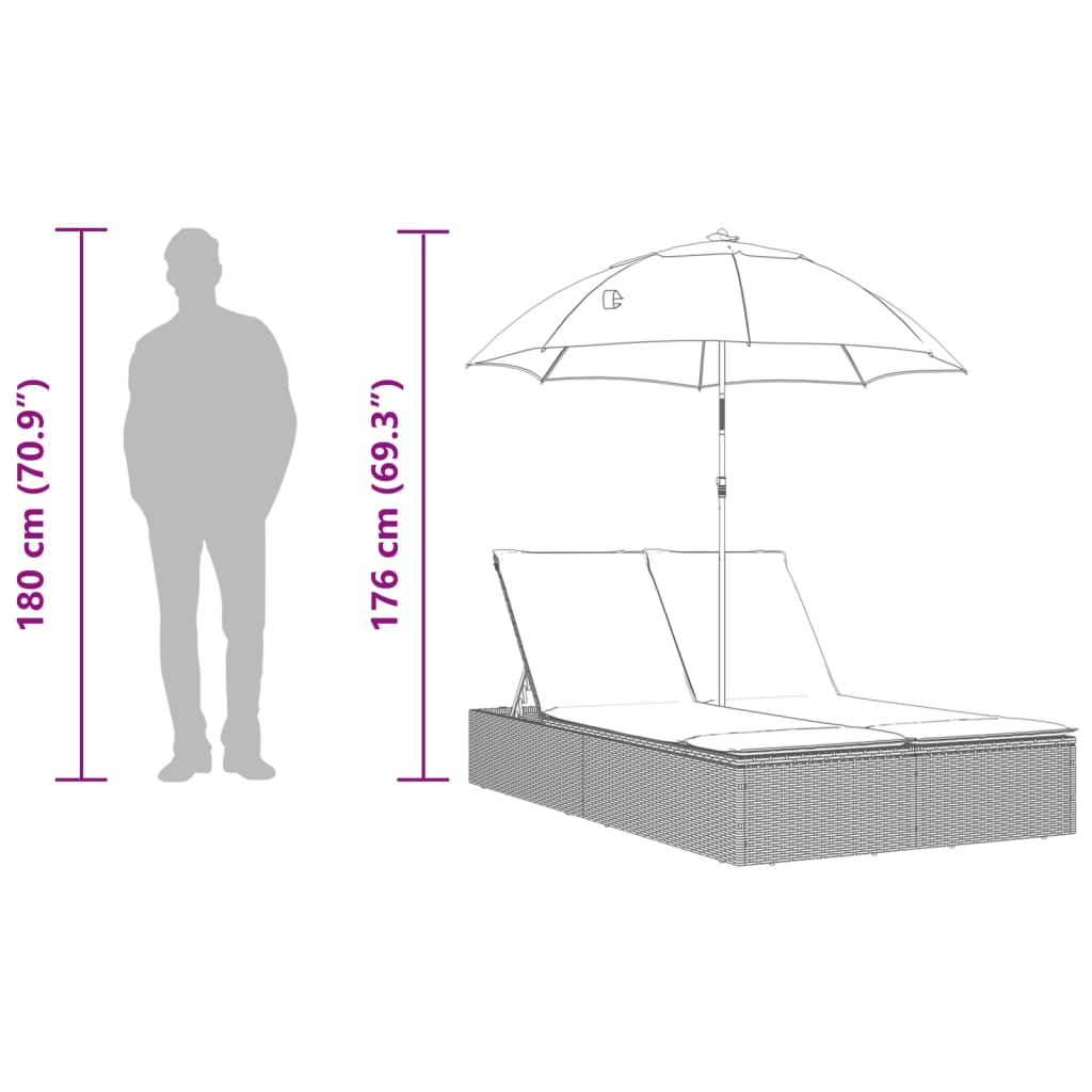 Ligbed 2-persoons met kussens en parasol poly rattan bruin is nu te koop bij PeponiXL, paradijselijk wonen!