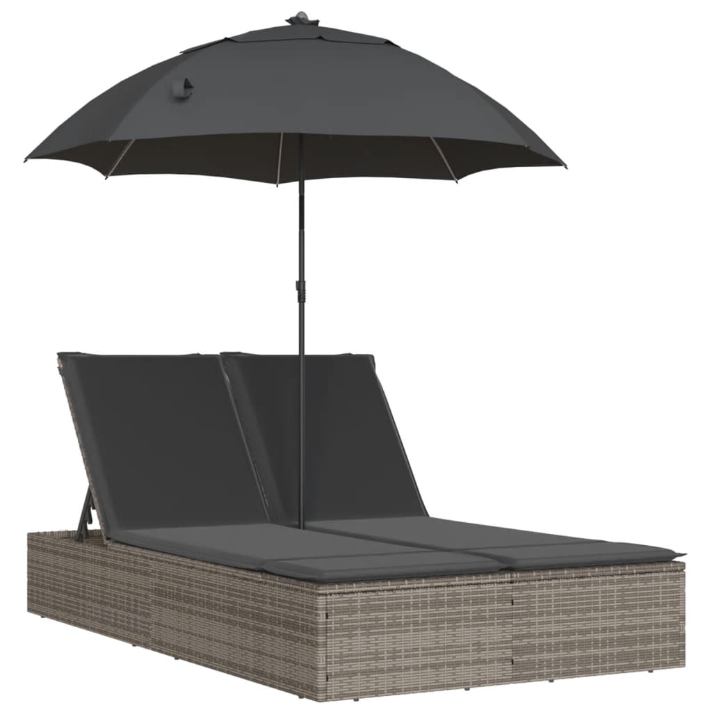Ligbed 2-persoons met kussens en parasol poly rattan grijs is nu te koop bij PeponiXL, paradijselijk wonen!