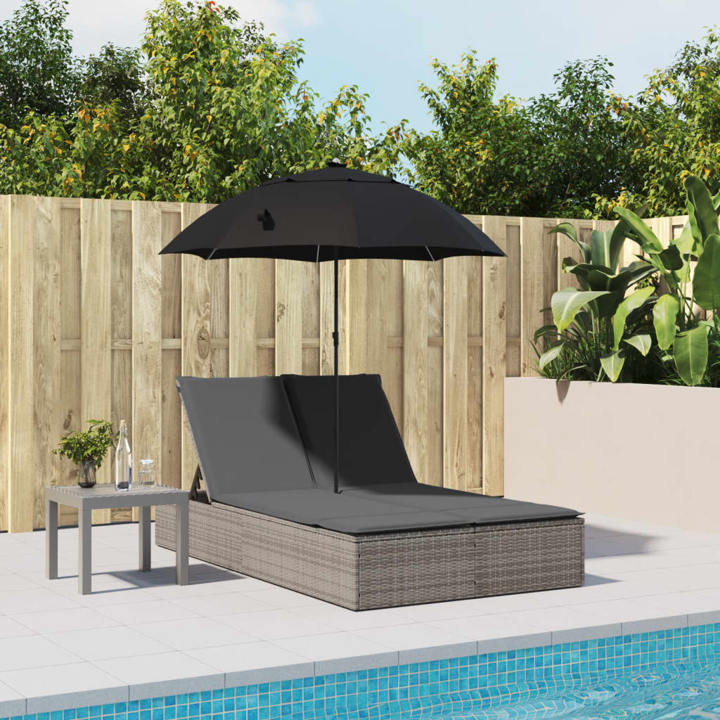 Ligbed 2-persoons met kussens en parasol poly rattan grijs is nu te koop bij PeponiXL, paradijselijk wonen!