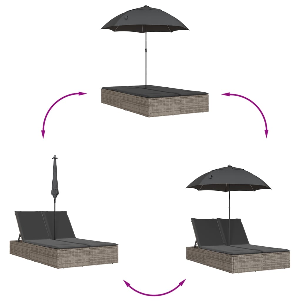 Ligbed 2-persoons met kussens en parasol poly rattan grijs is nu te koop bij PeponiXL, paradijselijk wonen!