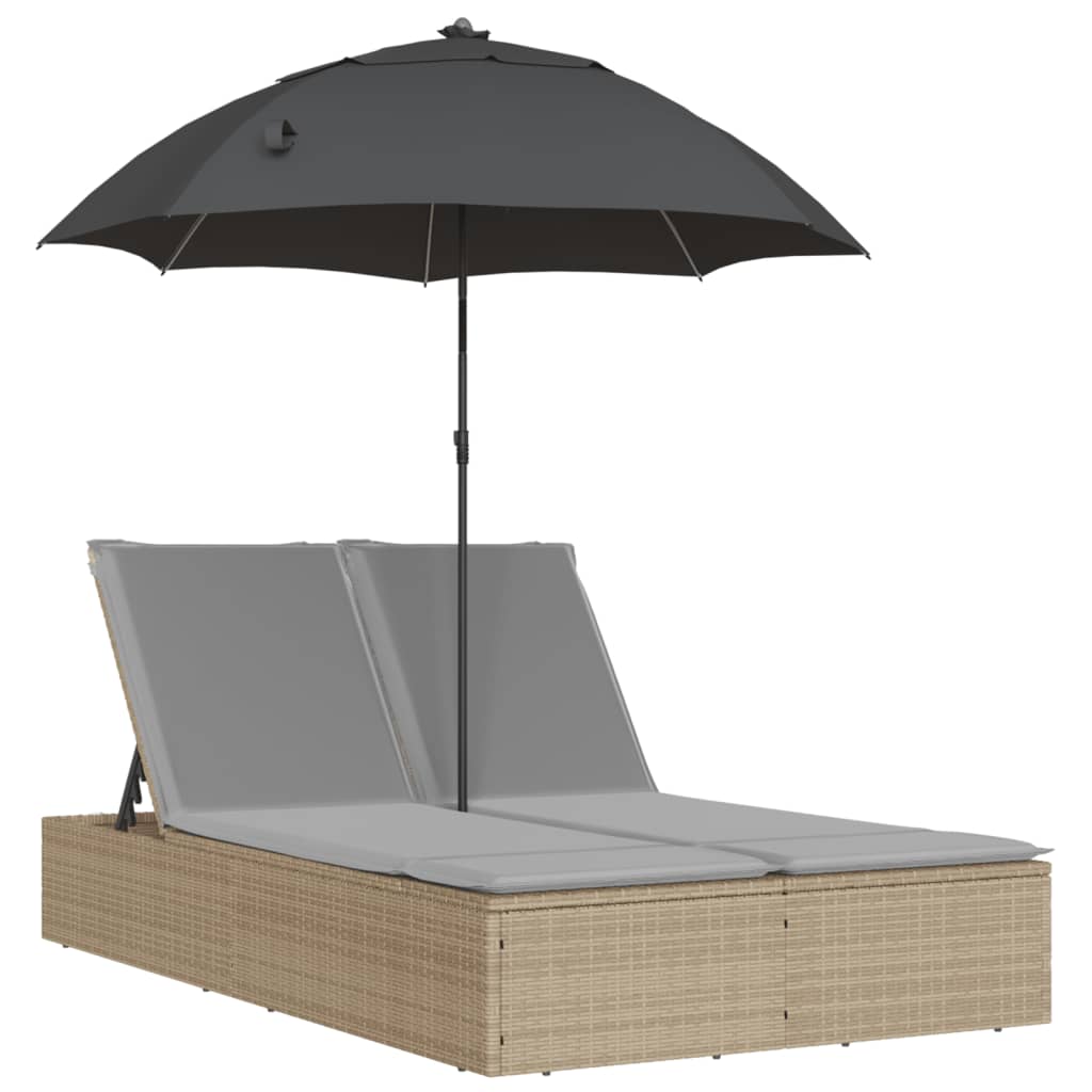 Ligbed 2-persoons met kussens en parasol poly rattan beige is nu te koop bij PeponiXL, paradijselijk wonen!