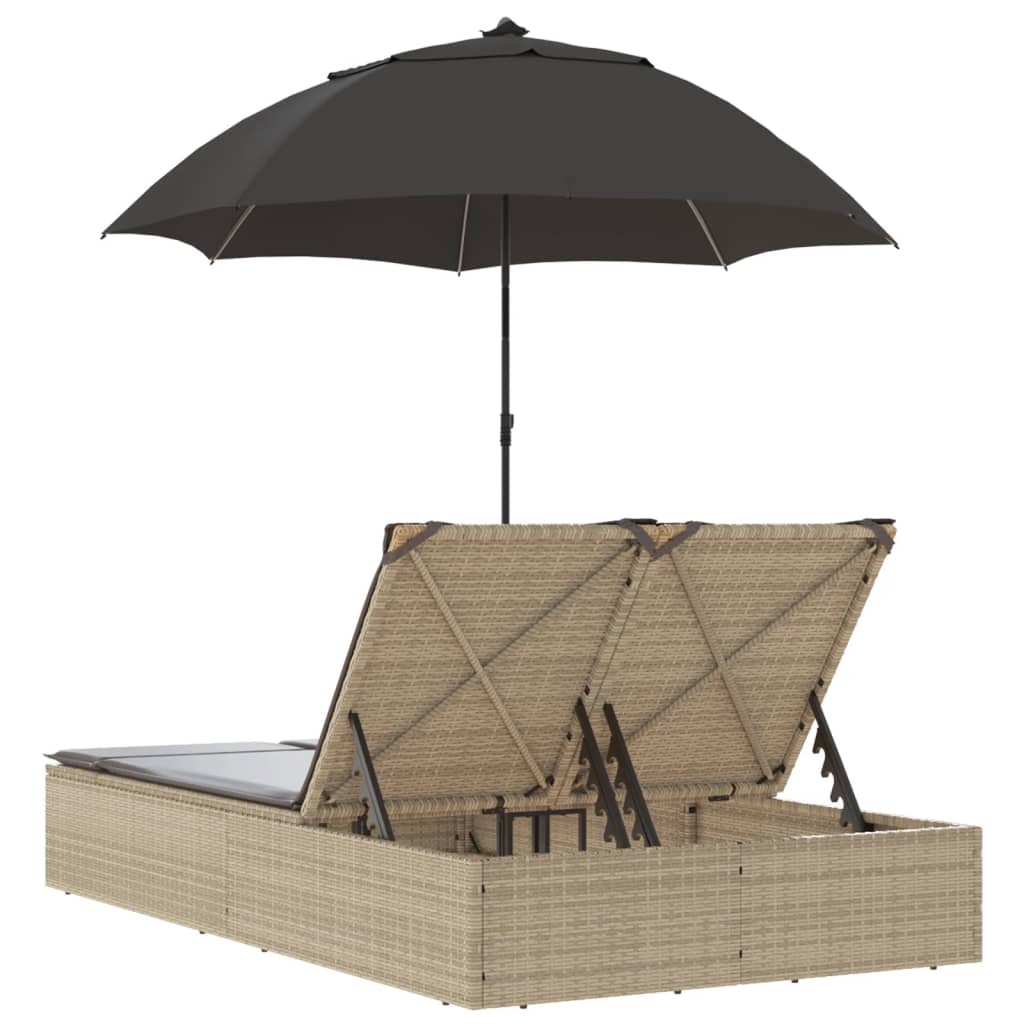 Ligbed 2-persoons met kussens en parasol poly rattan beige is nu te koop bij PeponiXL, paradijselijk wonen!