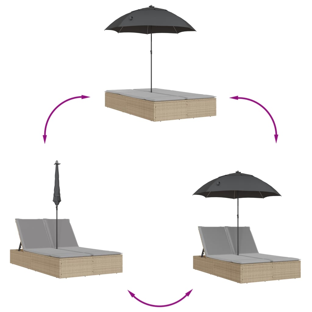 Ligbed 2-persoons met kussens en parasol poly rattan beige is nu te koop bij PeponiXL, paradijselijk wonen!