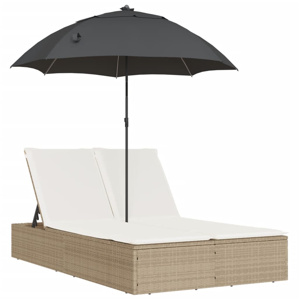 Ligbed 2-persoons met kussens en parasol poly rattan beige is nu te koop bij PeponiXL, paradijselijk wonen!