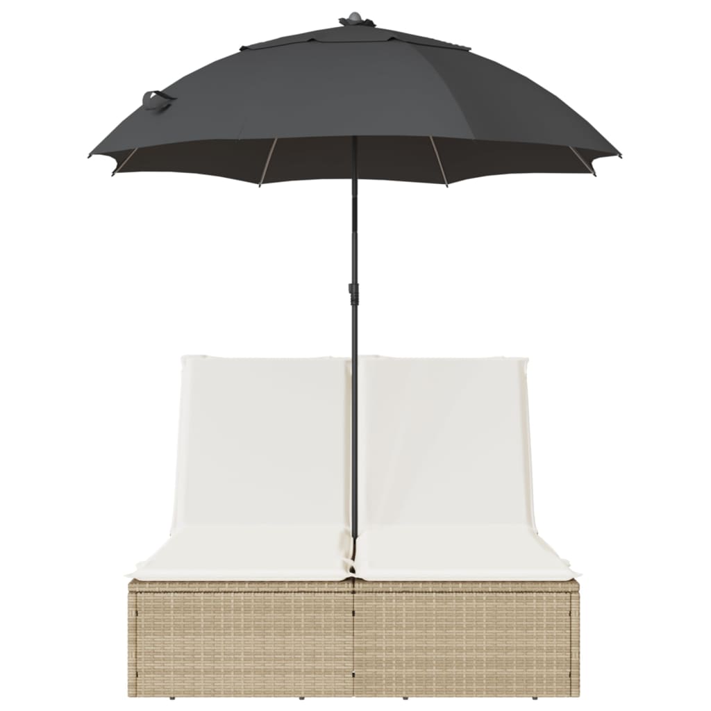 Ligbed 2-persoons met kussens en parasol poly rattan beige is nu te koop bij PeponiXL, paradijselijk wonen!