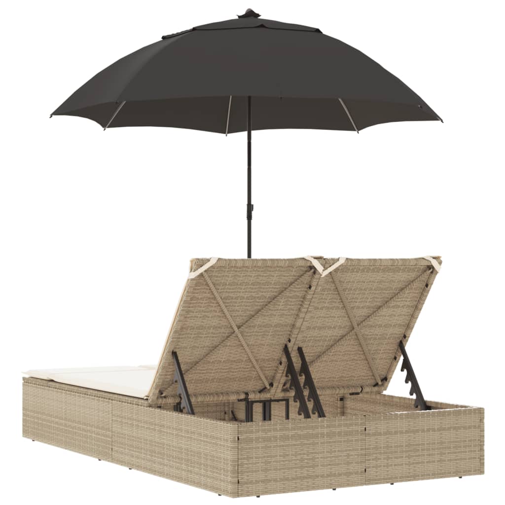 Ligbed 2-persoons met kussens en parasol poly rattan beige is nu te koop bij PeponiXL, paradijselijk wonen!