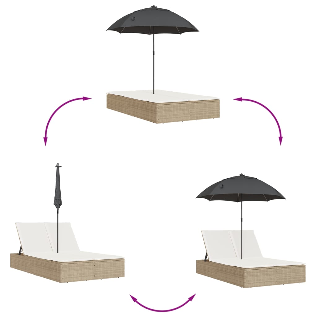 Ligbed 2-persoons met kussens en parasol poly rattan beige is nu te koop bij PeponiXL, paradijselijk wonen!