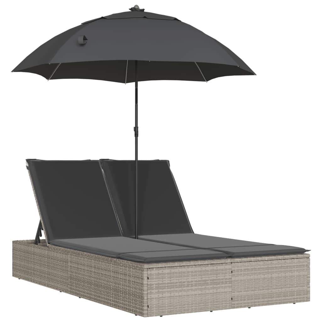 Ligbed 2-persoons met kussens en parasol poly rattan lichtgrijs is nu te koop bij PeponiXL, paradijselijk wonen!