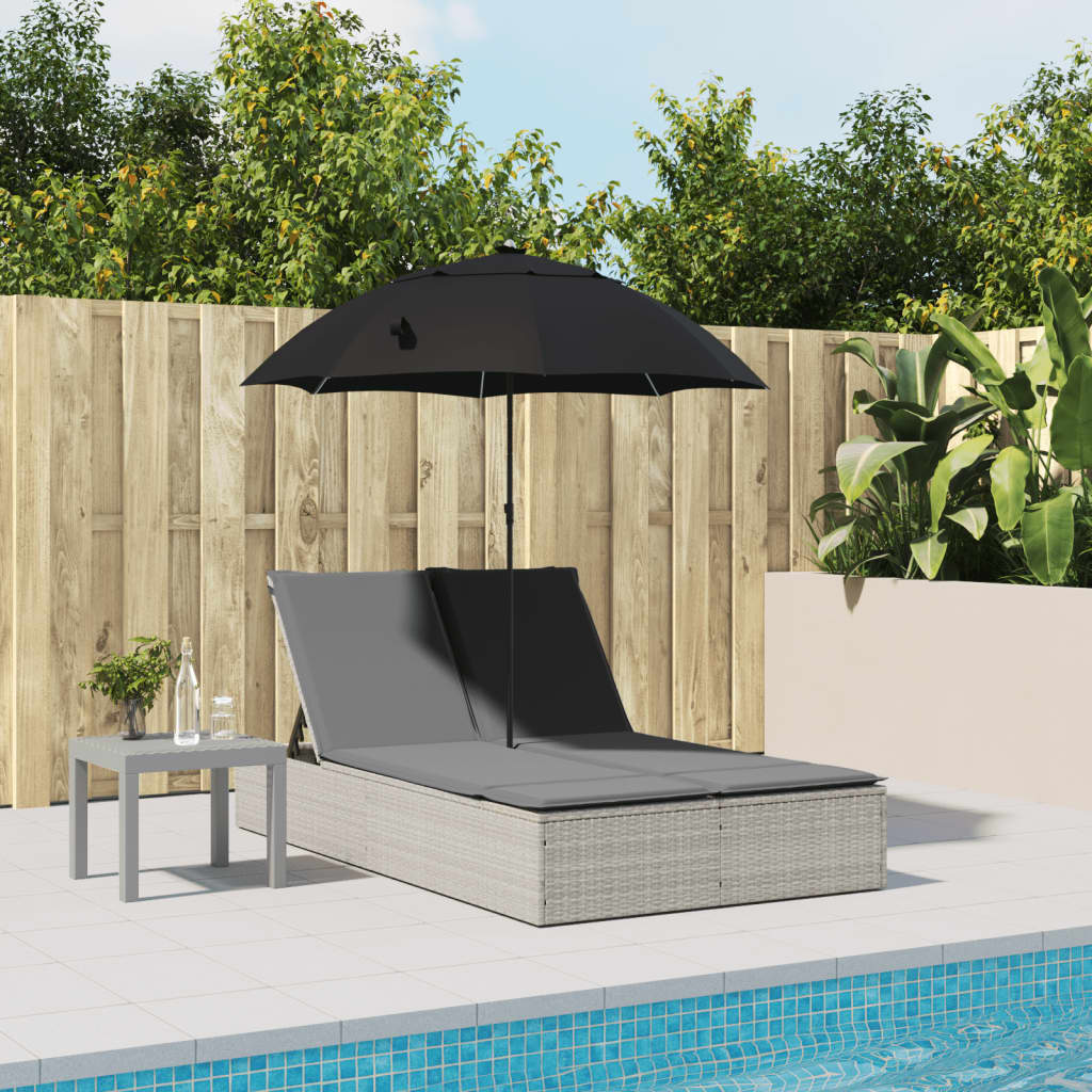 Ligbed 2-persoons met kussens en parasol poly rattan lichtgrijs is nu te koop bij PeponiXL, paradijselijk wonen!
