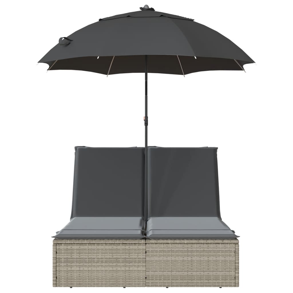 Ligbed 2-persoons met kussens en parasol poly rattan lichtgrijs is nu te koop bij PeponiXL, paradijselijk wonen!