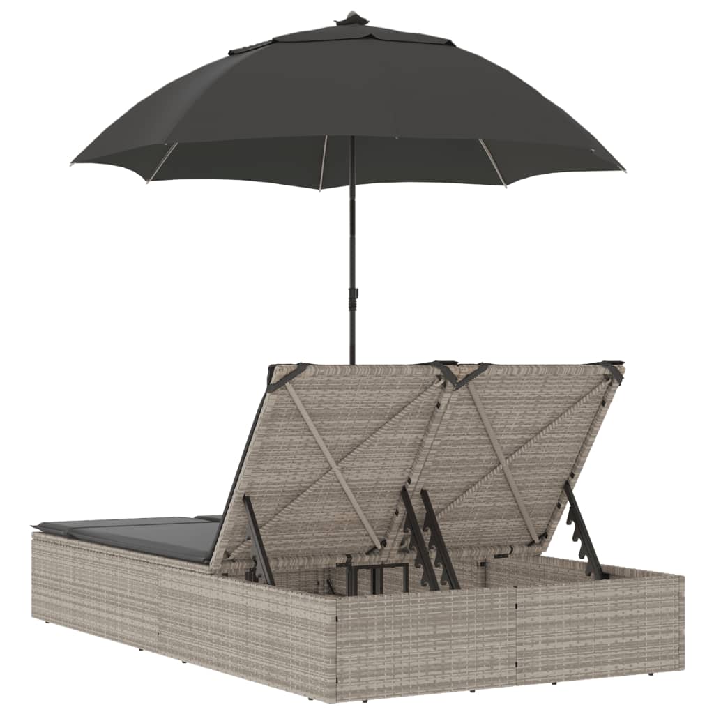 Ligbed 2-persoons met kussens en parasol poly rattan lichtgrijs is nu te koop bij PeponiXL, paradijselijk wonen!