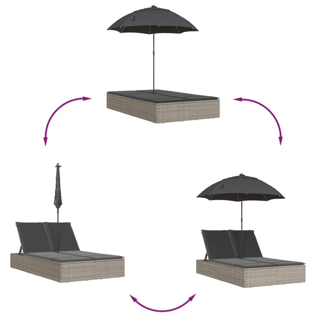 Ligbed 2-persoons met kussens en parasol poly rattan lichtgrijs is nu te koop bij PeponiXL, paradijselijk wonen!