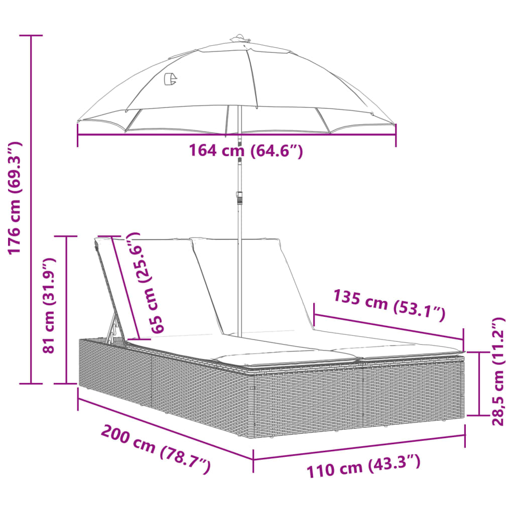 Ligbed 2-persoons met kussens en parasol poly rattan lichtgrijs is nu te koop bij PeponiXL, paradijselijk wonen!
