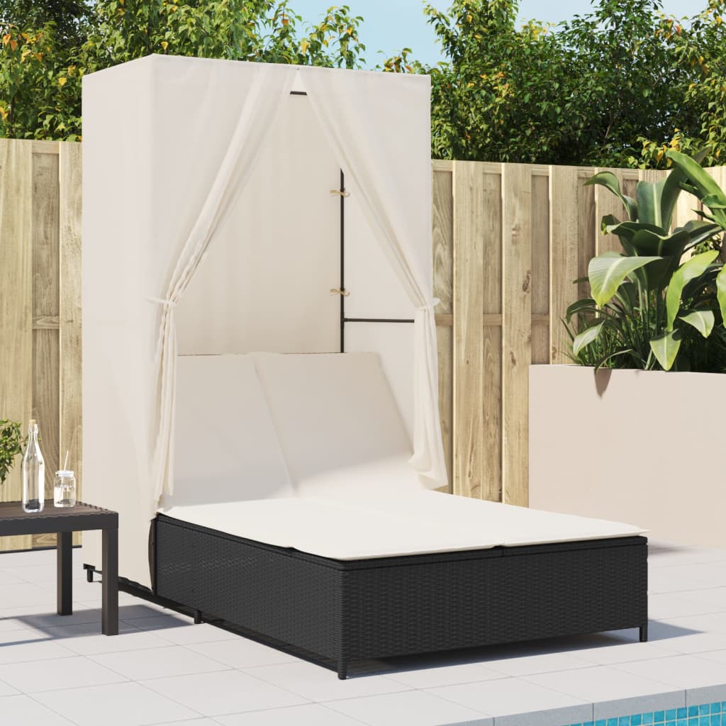 Ligbed tweepersoons met dak en gordijn poly rattan zwart is nu te koop bij PeponiXL, paradijselijk wonen!