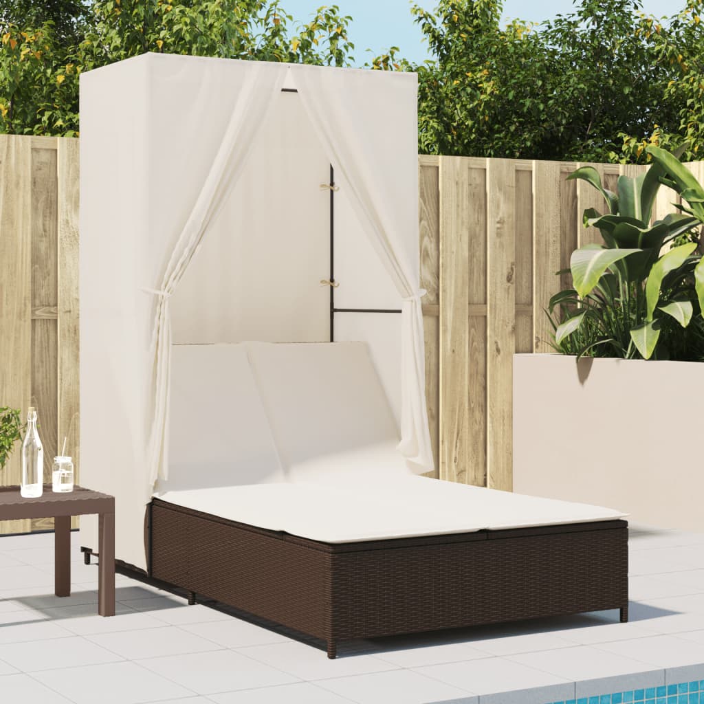 Ligbed tweepersoons met dak en gordijn poly rattan bruin is nu te koop bij PeponiXL, paradijselijk wonen!