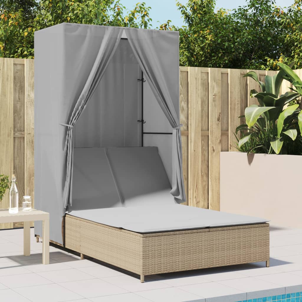 Ligbed tweepersoons met dak en gordijn poly rattan beige is nu te koop bij PeponiXL, paradijselijk wonen!