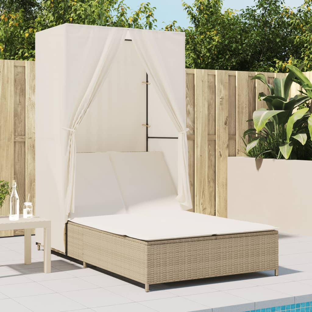 Ligbed tweepersoons met dak en gordijn poly rattan beige is nu te koop bij PeponiXL, paradijselijk wonen!