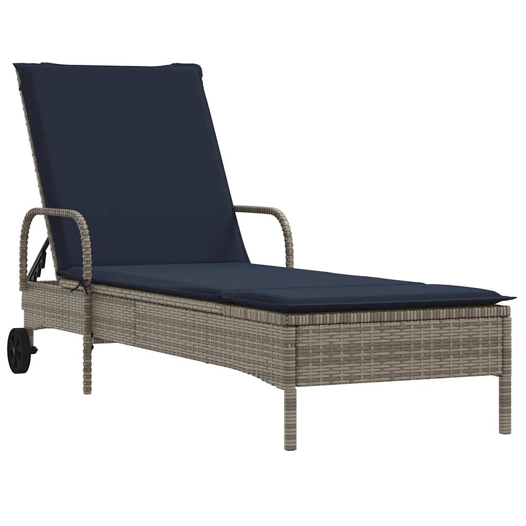 Ligstoel met wielen en kussen, grijs polyrotan is nu te koop bij PeponiXL, paradijselijk wonen!