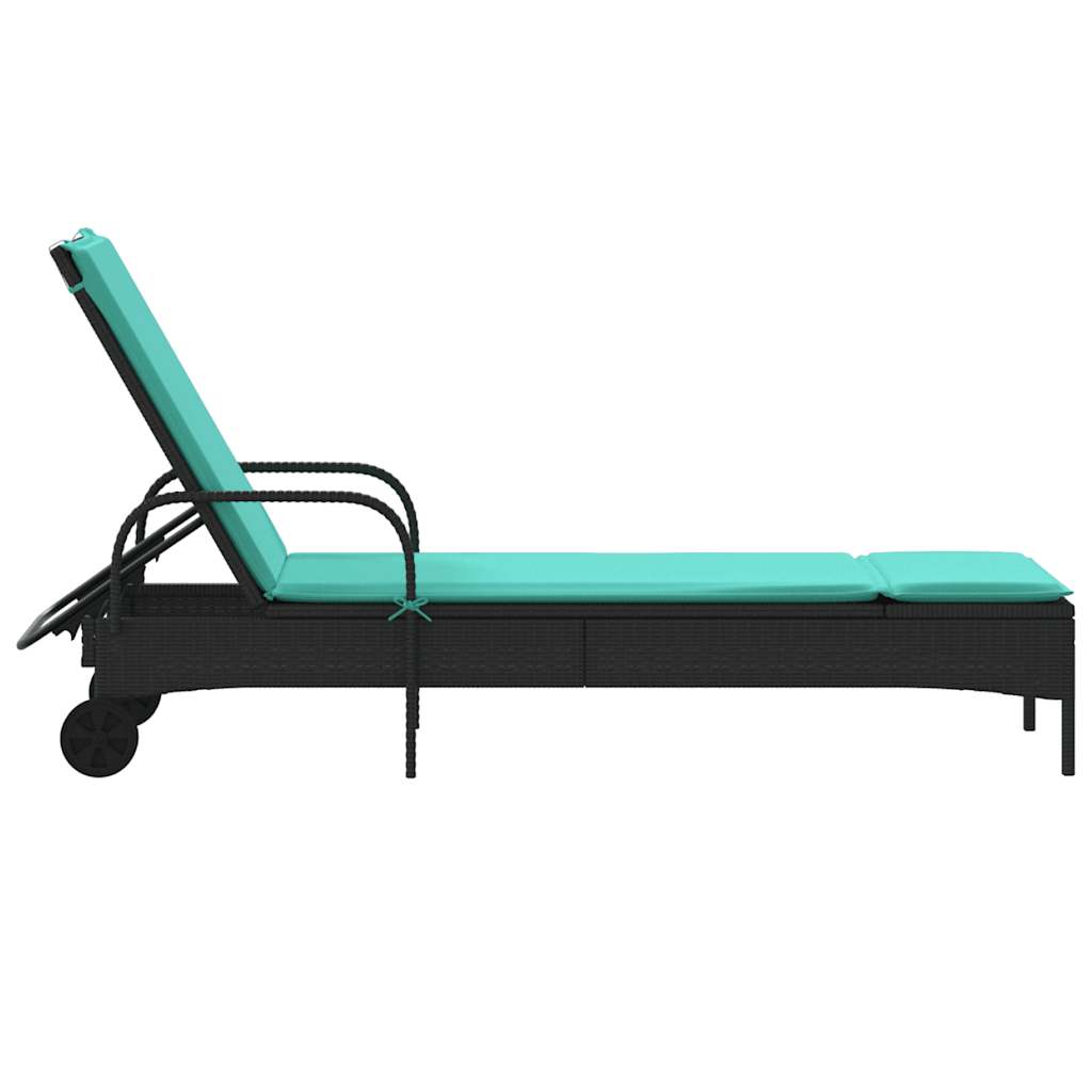 Ligstoel met wielen en kussen, zwart polyrotan is nu te koop bij PeponiXL, paradijselijk wonen!