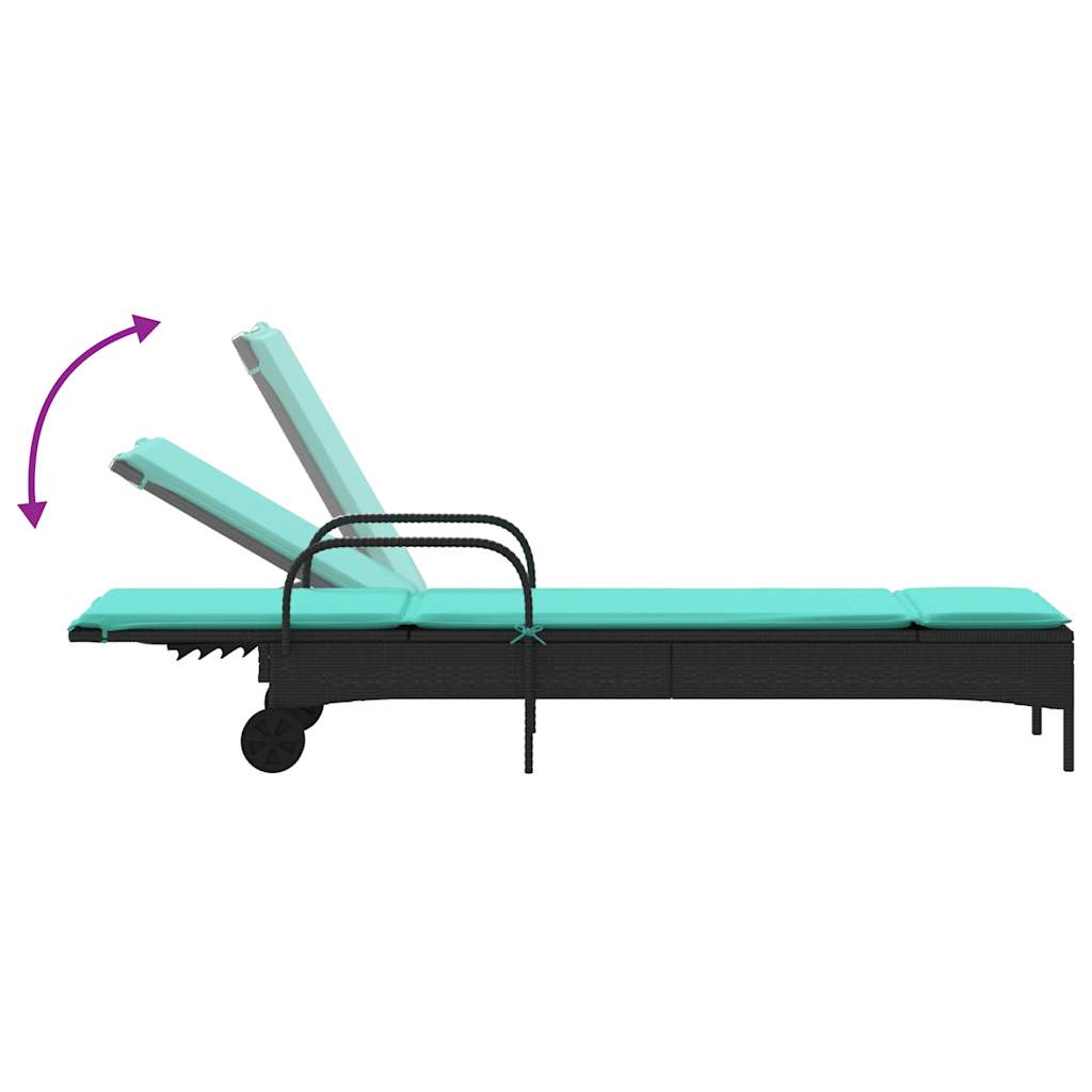 Ligstoel met wielen en kussen, zwart polyrotan is nu te koop bij PeponiXL, paradijselijk wonen!