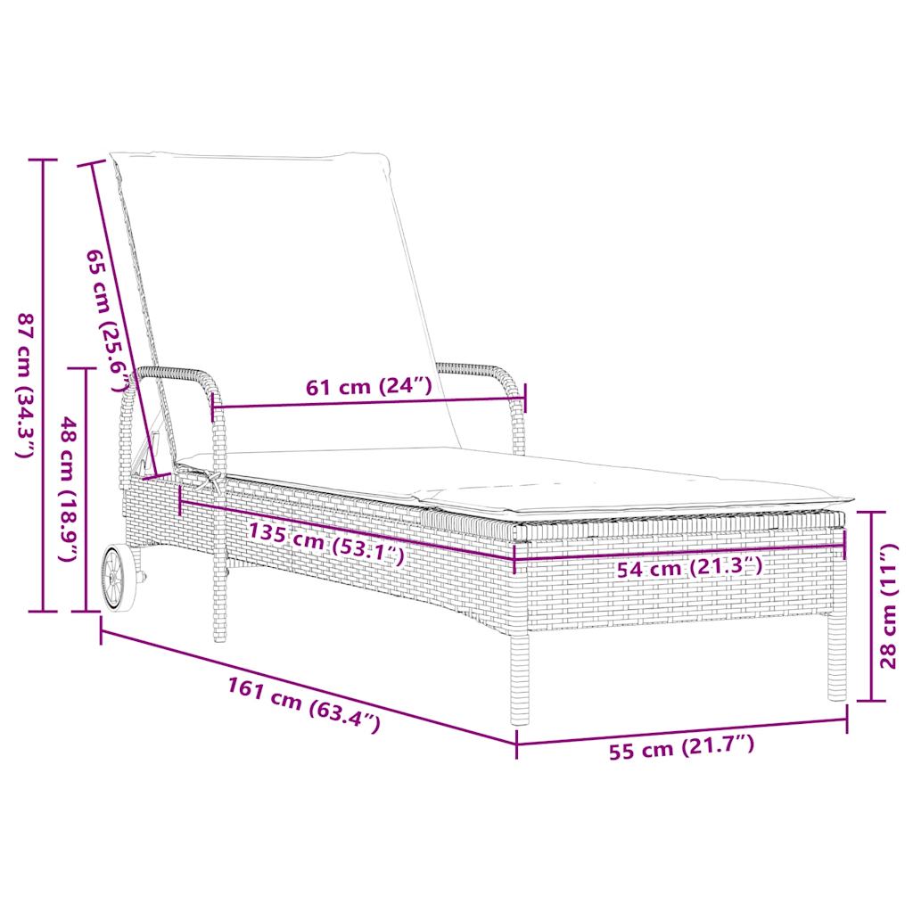 Ligstoel met wielen en kussen, zwart polyrotan is nu te koop bij PeponiXL, paradijselijk wonen!
