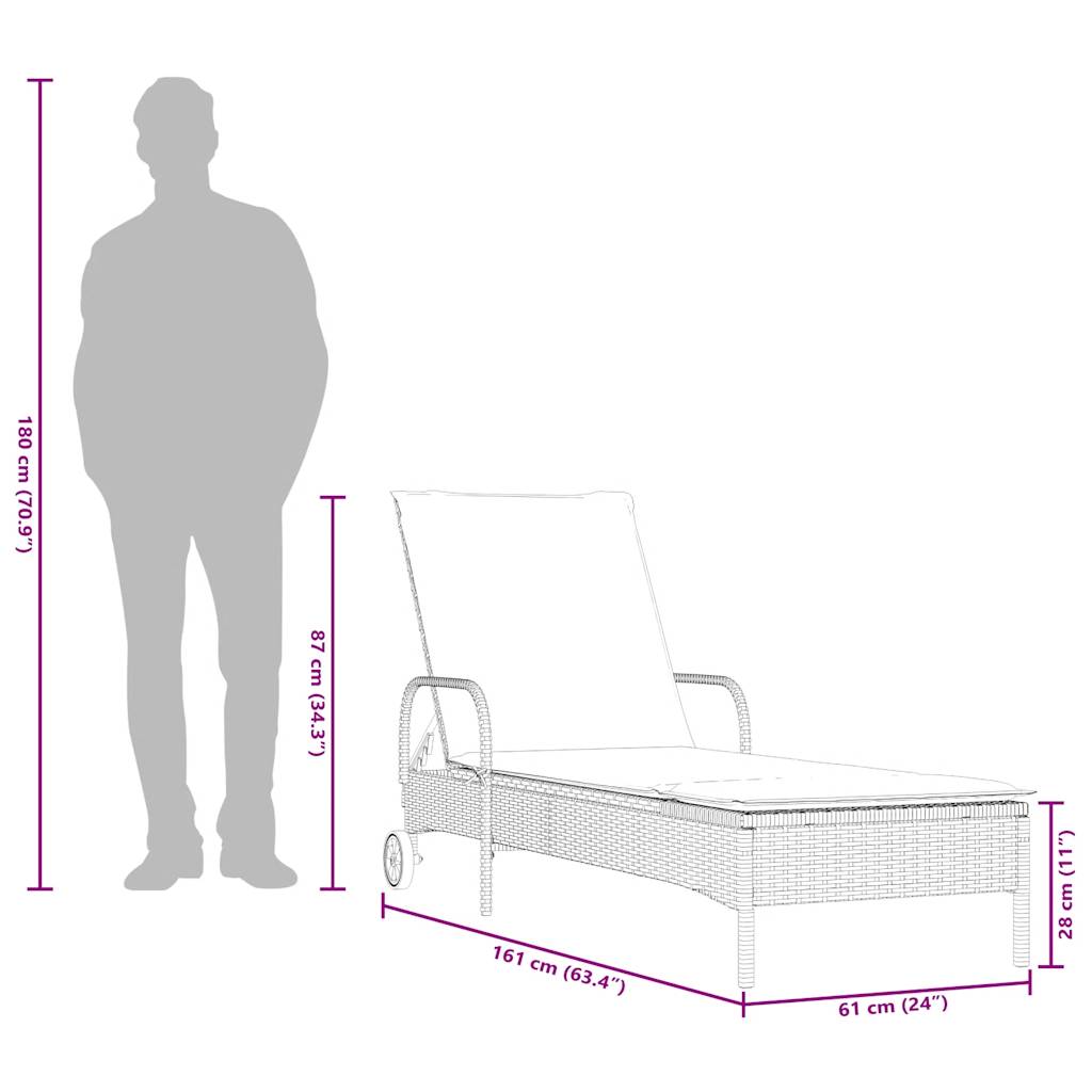 Ligstoel met wielen en kussen, zwart polyrotan is nu te koop bij PeponiXL, paradijselijk wonen!