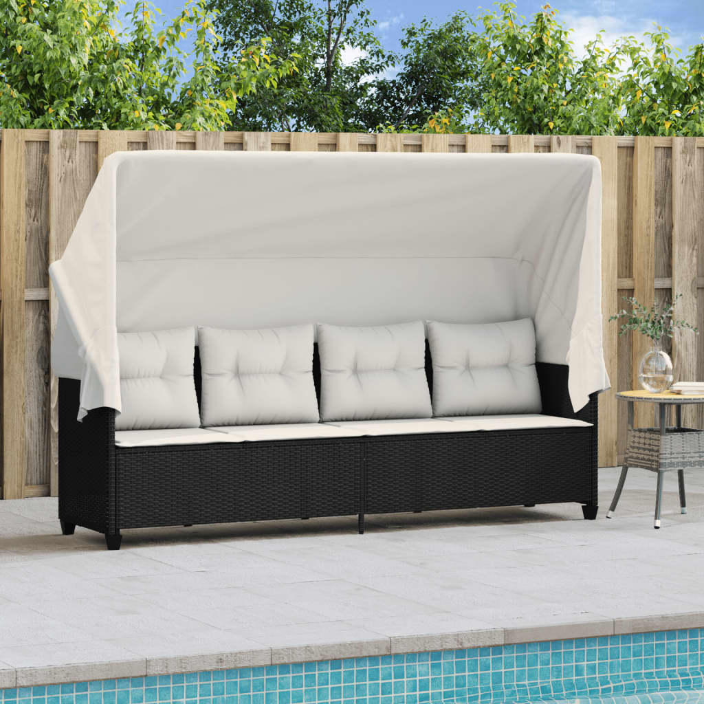 Ligbed met luifel en kussens poly rattan zwart is nu te koop bij PeponiXL, paradijselijk wonen!