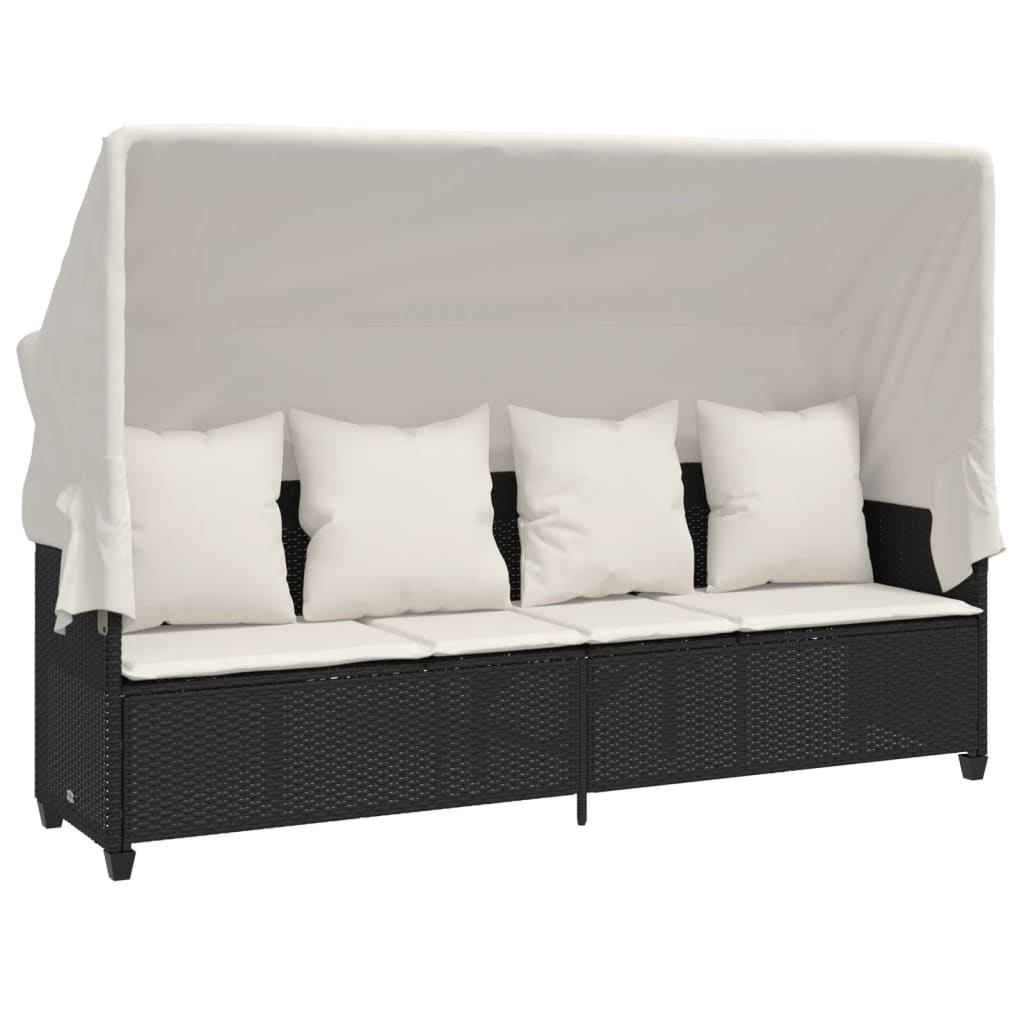 Ligbed met luifel en kussens poly rattan zwart is nu te koop bij PeponiXL, paradijselijk wonen!
