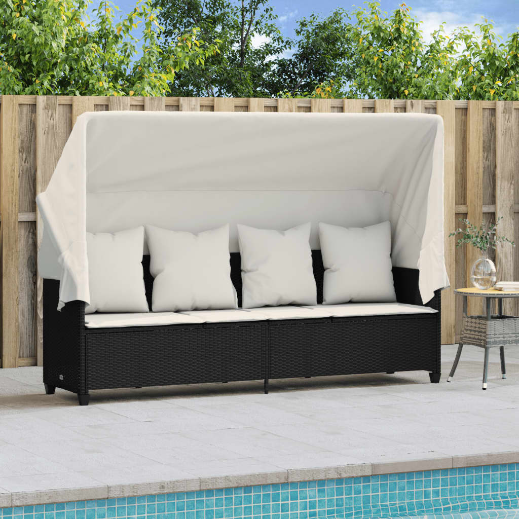 Ligbed met luifel en kussens poly rattan zwart is nu te koop bij PeponiXL, paradijselijk wonen!