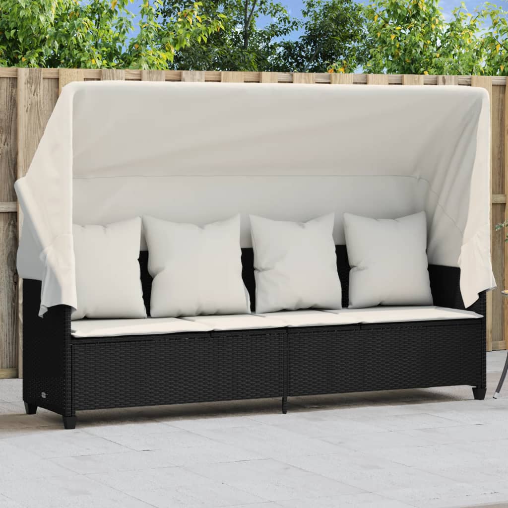 Ligbed met luifel en kussens poly rattan zwart is nu te koop bij PeponiXL, paradijselijk wonen!