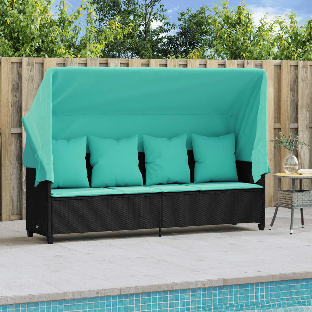 Ligbed met luifel en kussens poly rattan zwart is nu te koop bij PeponiXL, paradijselijk wonen!