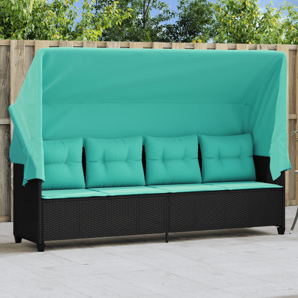Ligbed met luifel en kussens poly rattan zwart is nu te koop bij PeponiXL, paradijselijk wonen!
