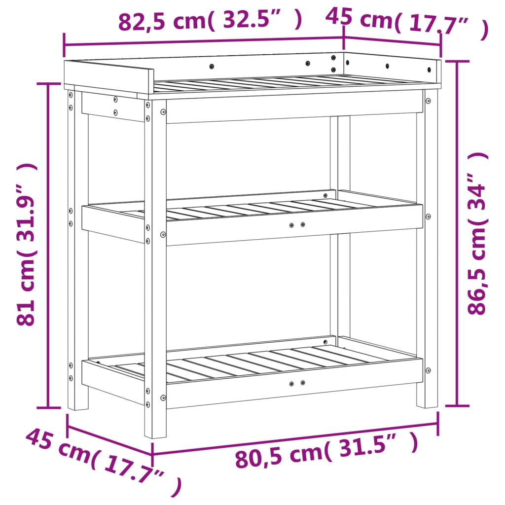 Oppottafel met schappen 82,5x45x86,5 cm massief grenenhout is nu te koop bij PeponiXL, paradijselijk wonen!