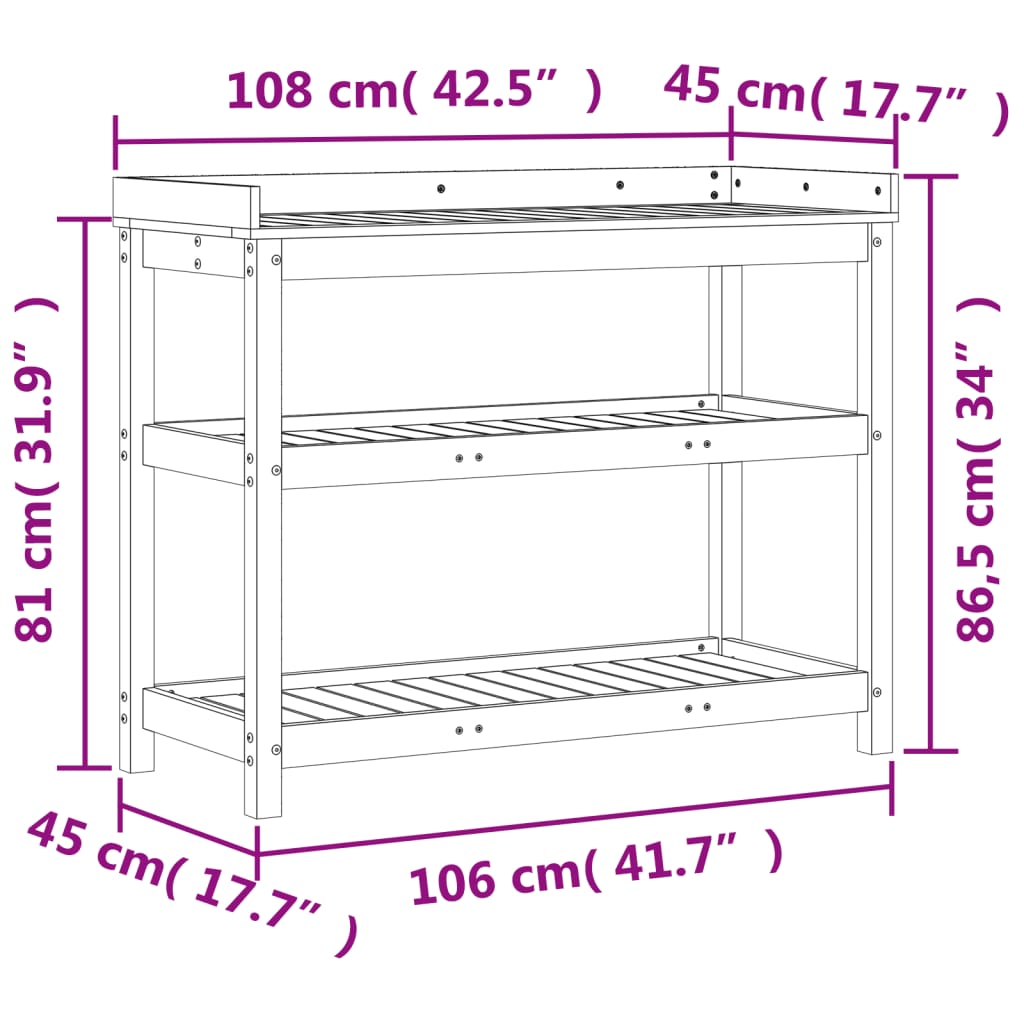 Oppottafel met schappen 108x45x86,5 cm massief grenenhout is nu te koop bij PeponiXL, paradijselijk wonen!