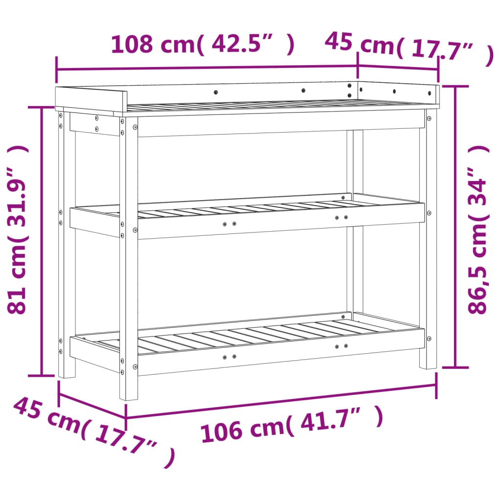 Oppottafel met schappen 108x45x86,5 cm massief douglashout is nu te koop bij PeponiXL, paradijselijk wonen!