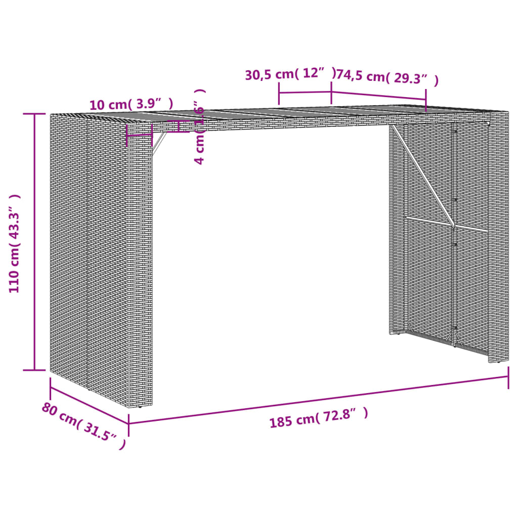 Tuinbartafel acaciahouten blad 185x80x110 cm poly rattan grijs is nu te koop bij PeponiXL, paradijselijk wonen!