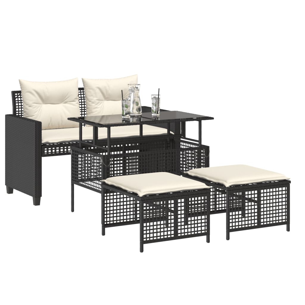 4-delige Loungeset met kussens poly rattan en glas zwart is nu te koop bij PeponiXL, paradijselijk wonen!