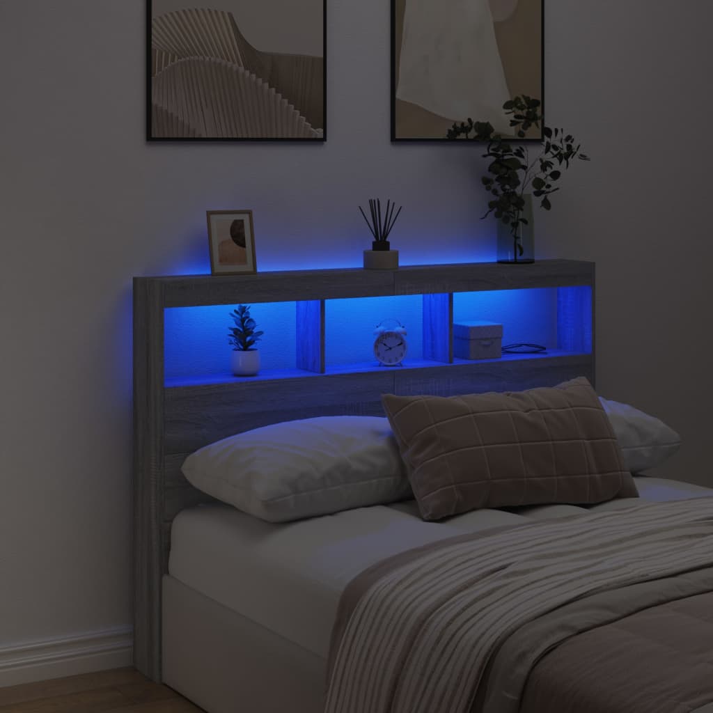 Hoofdbordkast met LED-verlichting 140x17x102 cm grijs sonoma is nu te koop bij PeponiXL, paradijselijk wonen!