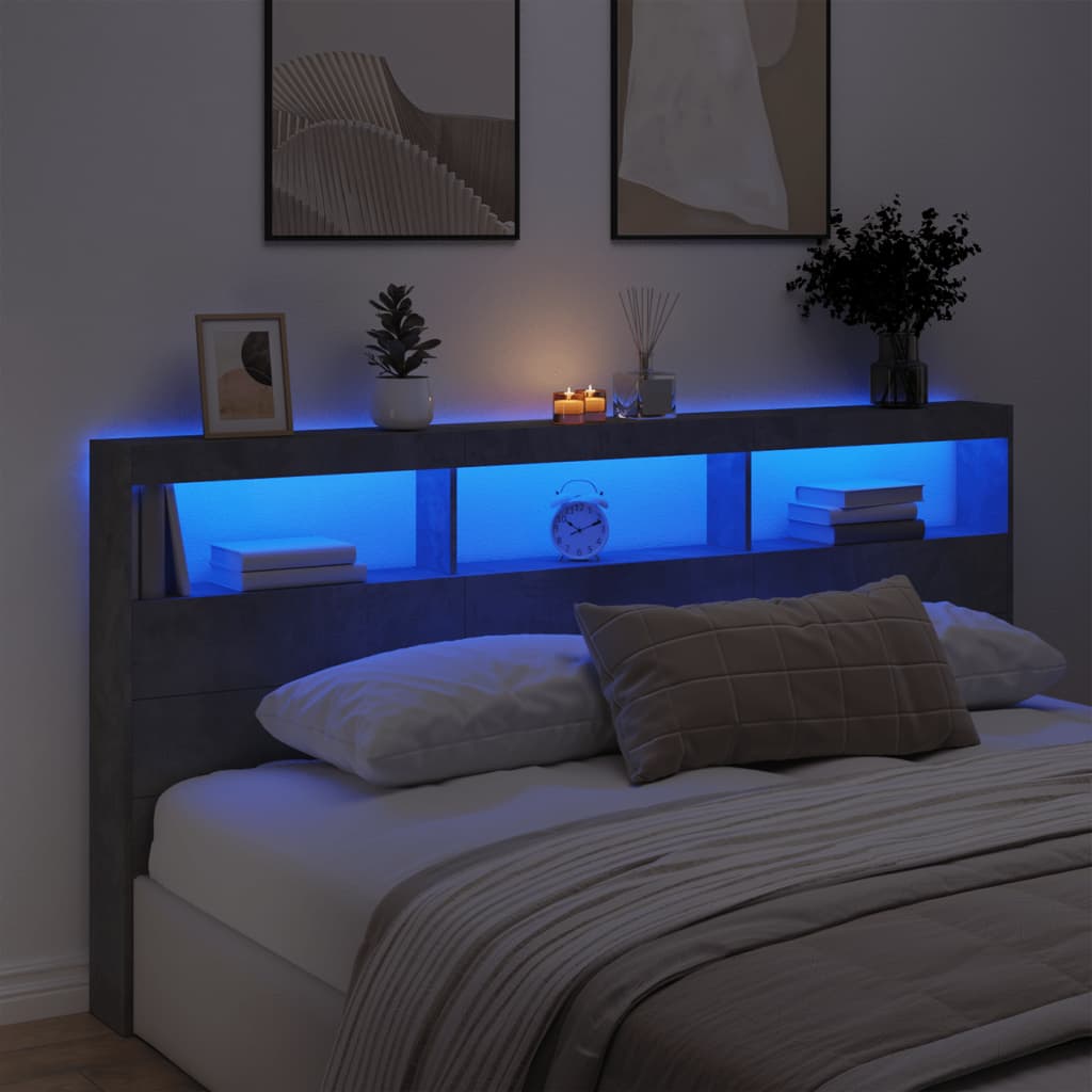 Hoofdbordkast met LED-verlichting 200x17x102 cm betongrijs is nu te koop bij PeponiXL, paradijselijk wonen!