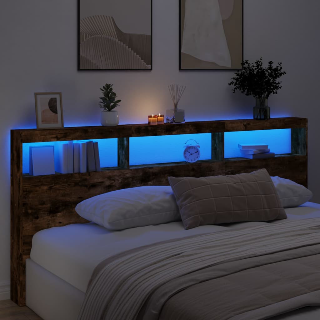 Hoofdbordkast met LED-verlichting 220x17x102 cm gerookt eiken is nu te koop bij PeponiXL, paradijselijk wonen!
