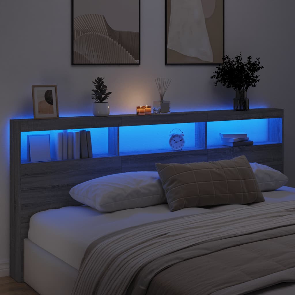 Hoofdbordkast met LED-verlichting 220x17x102 cm grijs sonoma is nu te koop bij PeponiXL, paradijselijk wonen!