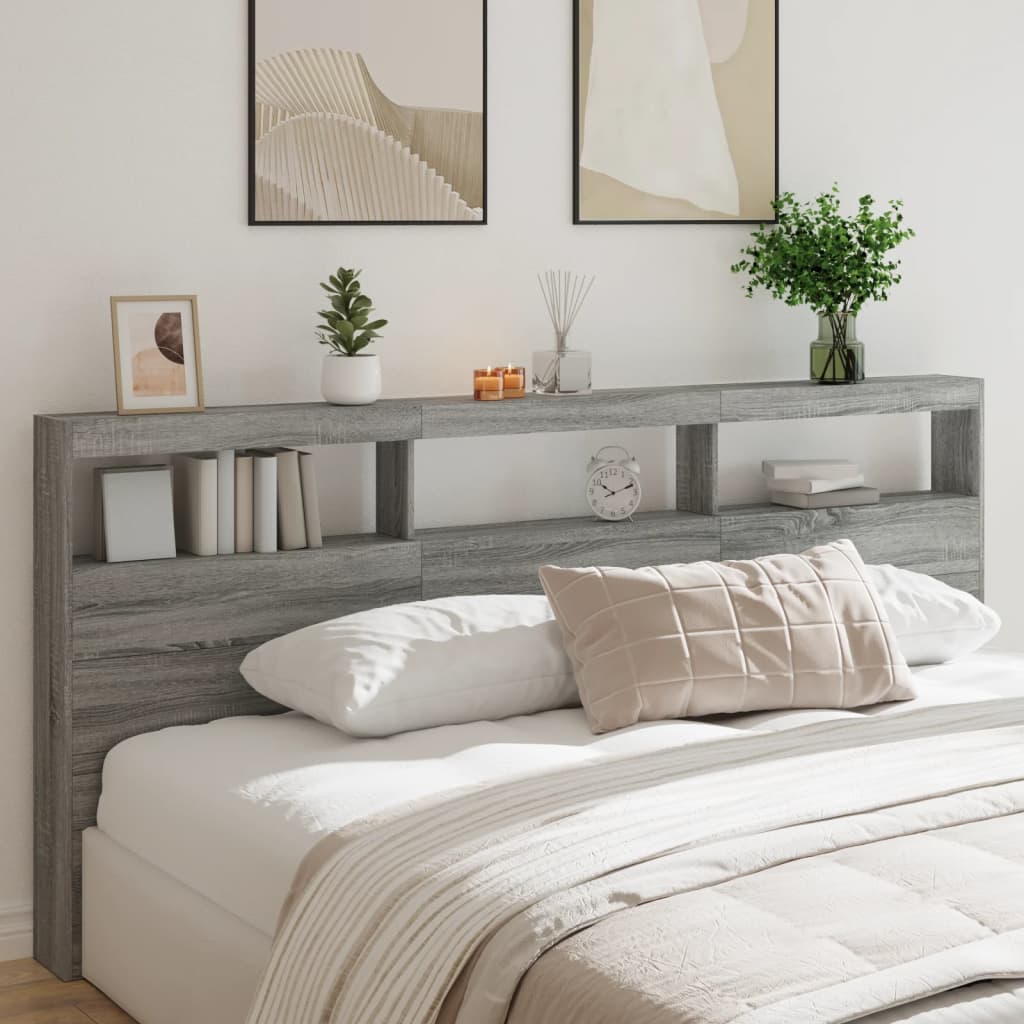 Hoofdbordkast met LED-verlichting 220x17x102 cm grijs sonoma is nu te koop bij PeponiXL, paradijselijk wonen!