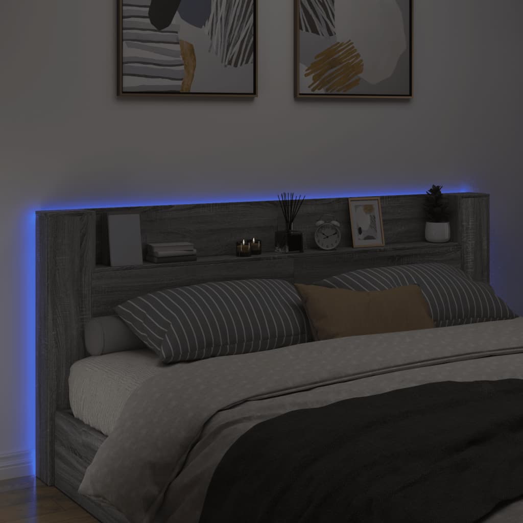Hoofdbordkast met LED 220x16,5x103,5 cm grijs sonoma eikenkleur is nu te koop bij PeponiXL, paradijselijk wonen!