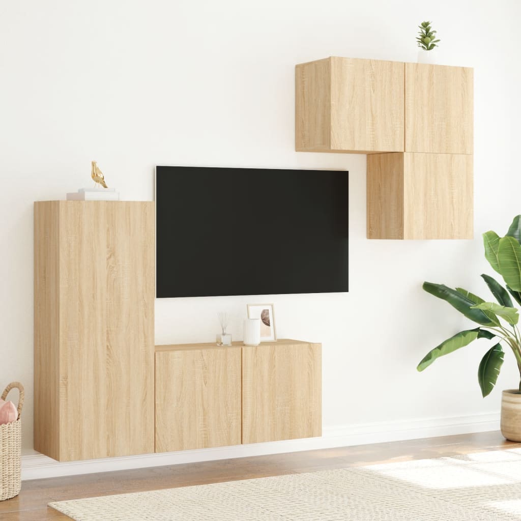 4-delige Tv-wandmeubelset bewerkt hout sonoma eikenkleurig is nu te koop bij PeponiXL, paradijselijk wonen!
