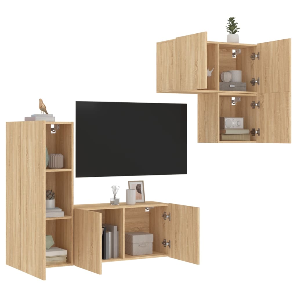4-delige Tv-wandmeubelset bewerkt hout sonoma eikenkleurig is nu te koop bij PeponiXL, paradijselijk wonen!