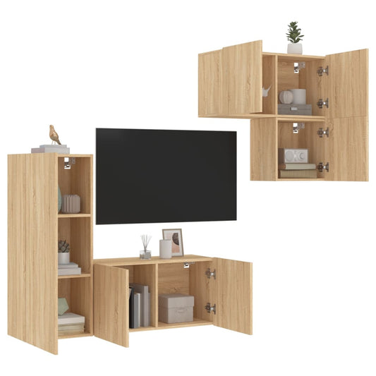 4-delige Tv-wandmeubelset bewerkt hout sonoma eikenkleurig is nu te koop bij PeponiXL, paradijselijk wonen!
